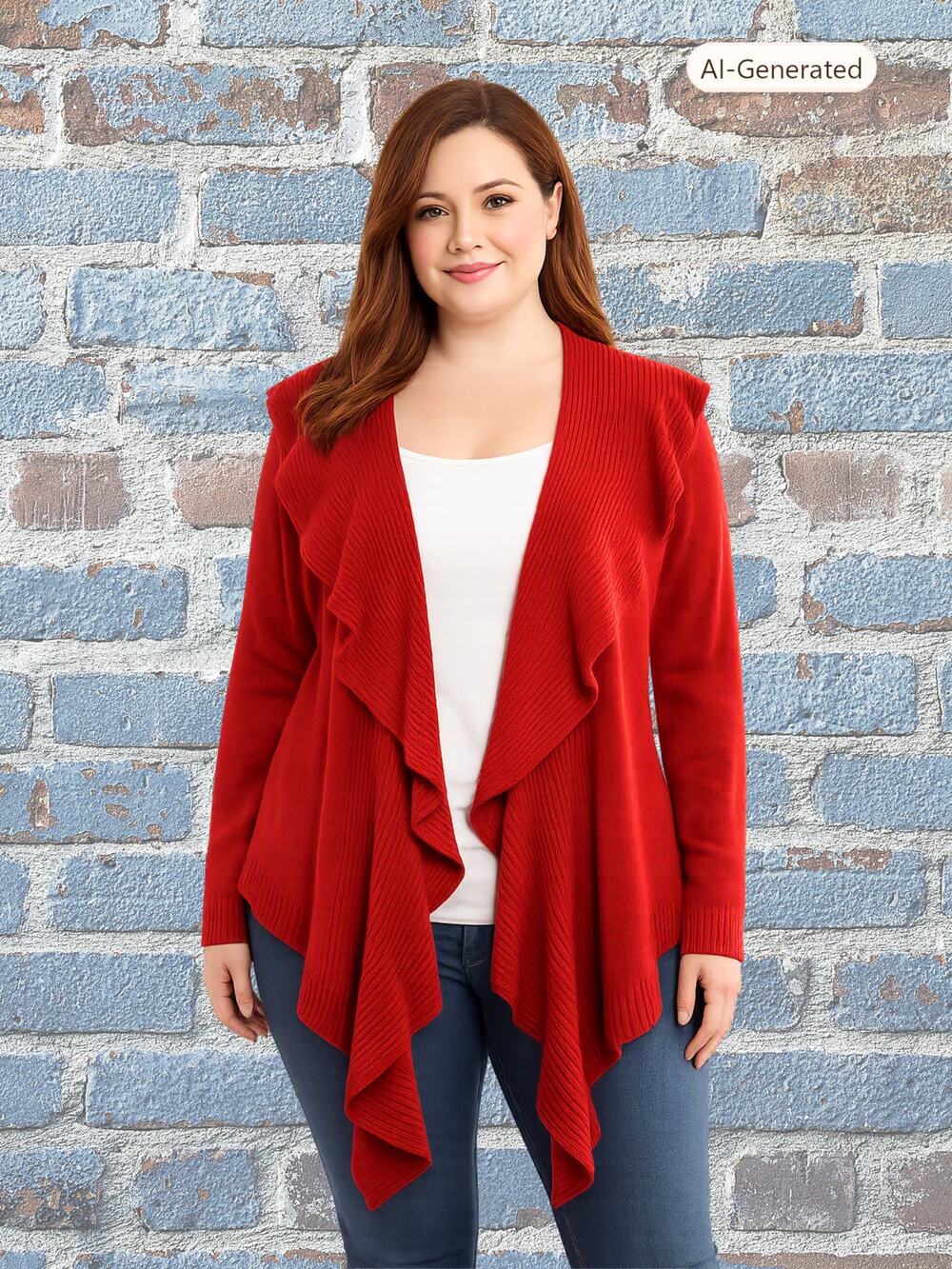 Covington Red Cascading Ruffle Open Cardigan Sweater – Medium Petite